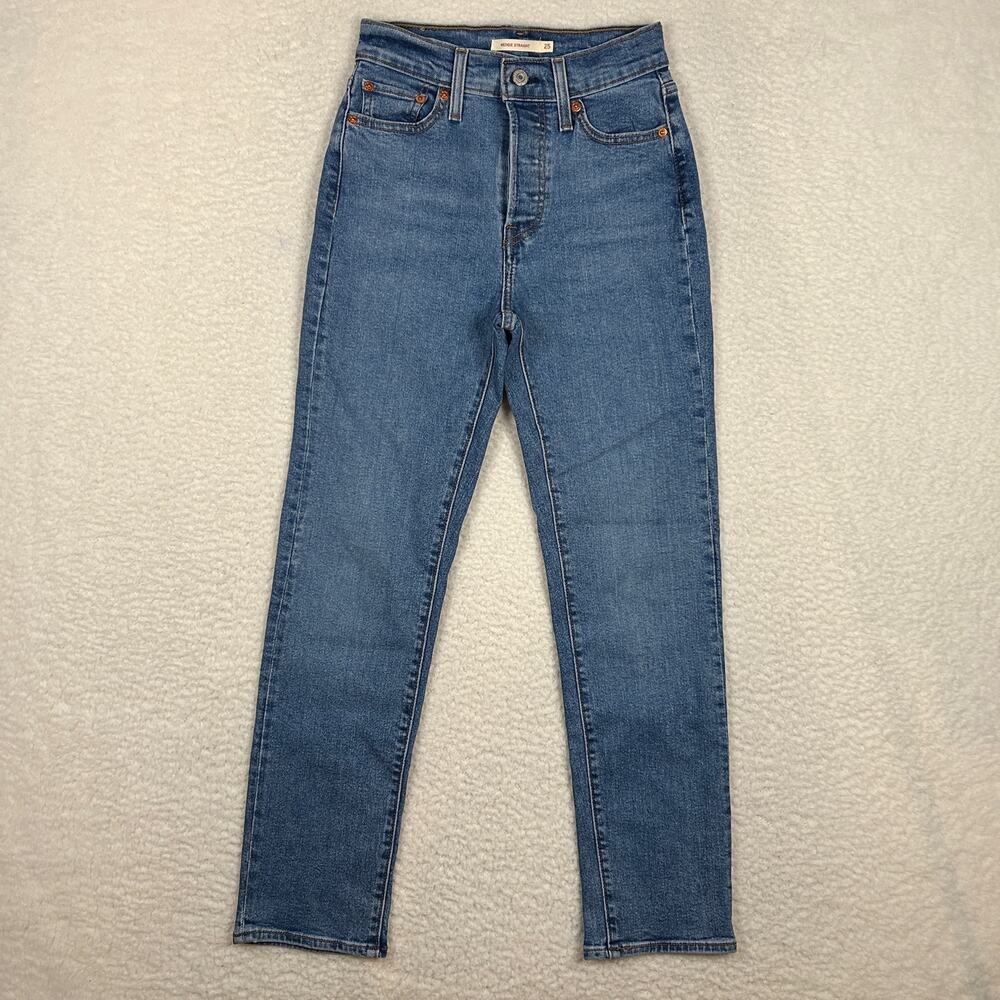 Levis Wedgie Straight Jeans Womens 25 Blue Summer Love Hi Rise Buttonfly Stretch